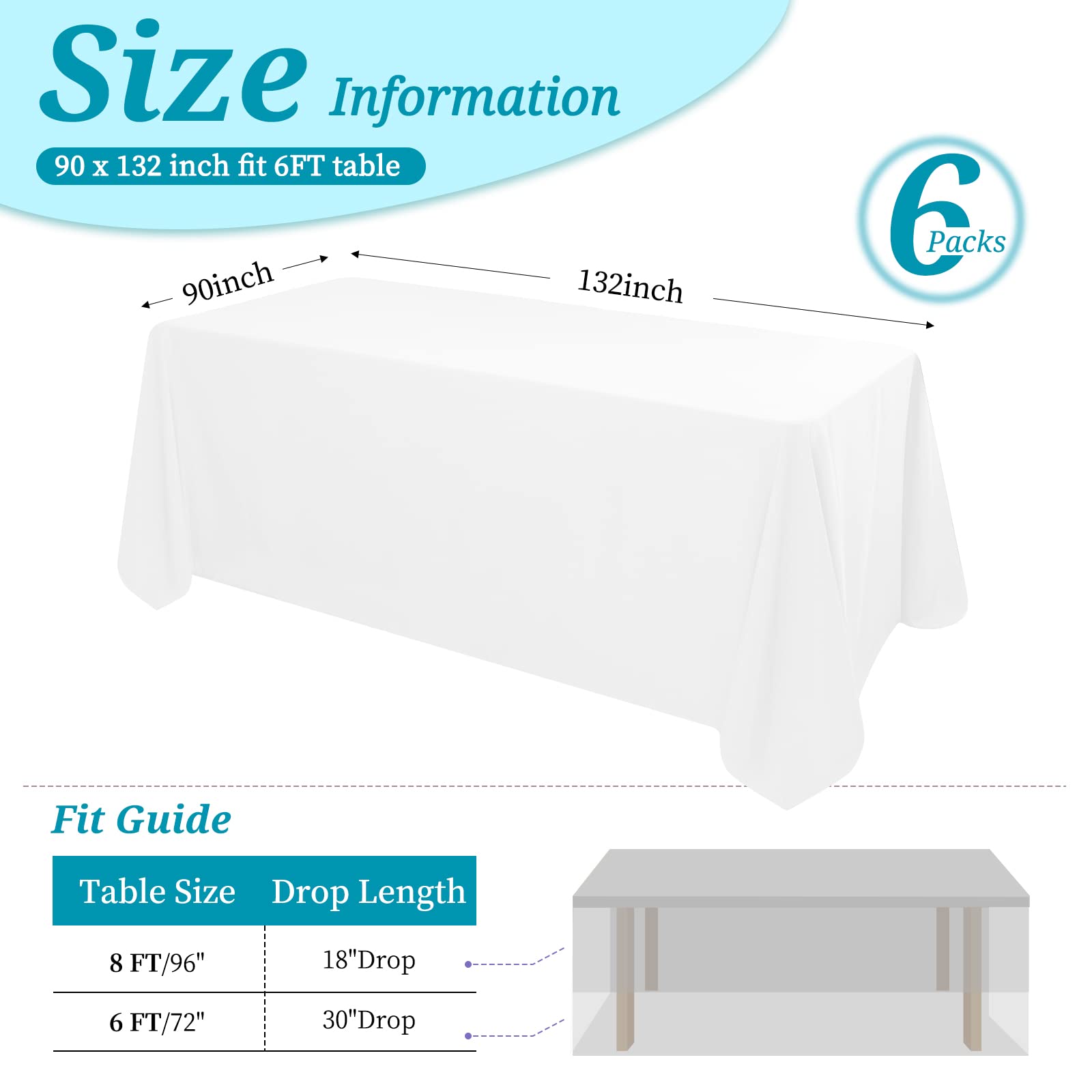6 Pack Tablecloth 90 X 132 Inch Polyester Table Cloth For 6 Foot Rectangle Tables,Stain And Wrinkle Resistant Washable Fabric Ta