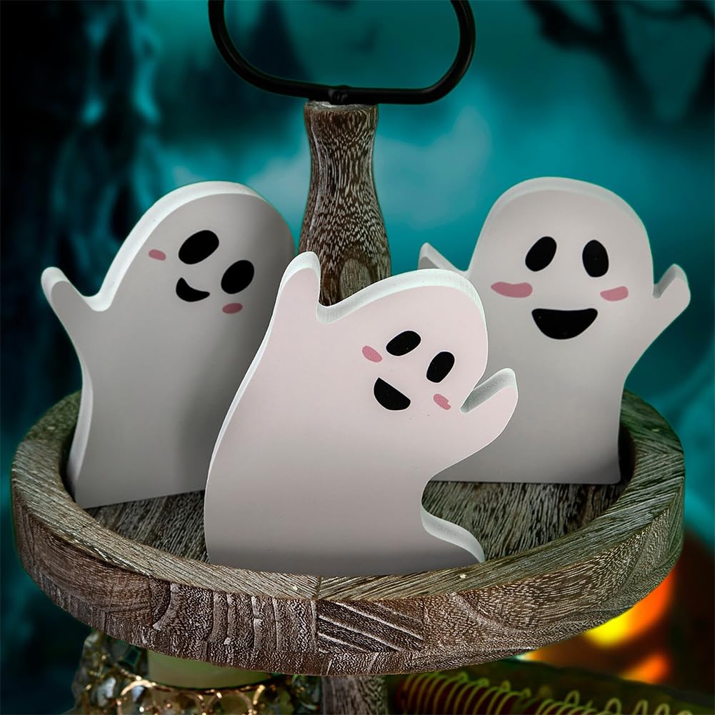 Cute Halloween Decorations, Ghost Wooden Tiered Tray Decor Table Sign Set of 3 Ghost Wooden Decor Blocks for Table, Office Desk,