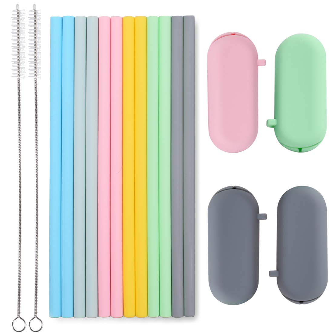 Sunseeke Silicone Straws Reusable - Odorless, 12 Standard Drinking Straws, 4 Carry Pouch, 2 Cleaning Brushes, Certificated Food