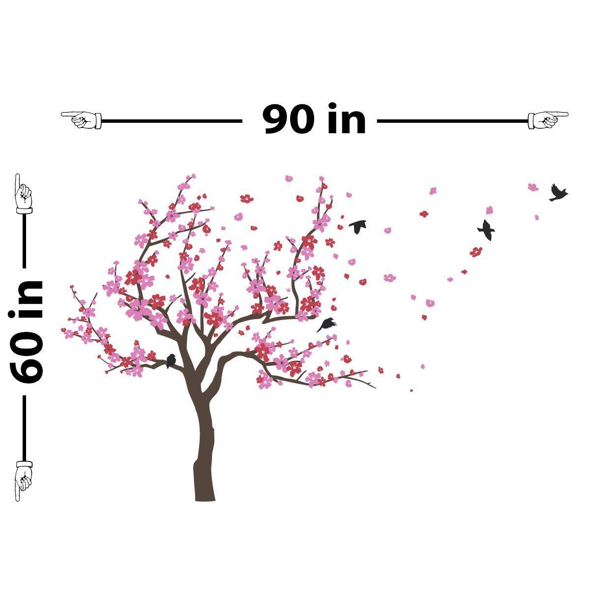 Japanese Cherry Blossom Tree And Birds Wall Decal Sticker For Flower Baby Nursery Room Decor Art (Red & Pink, 60X90 Inches)