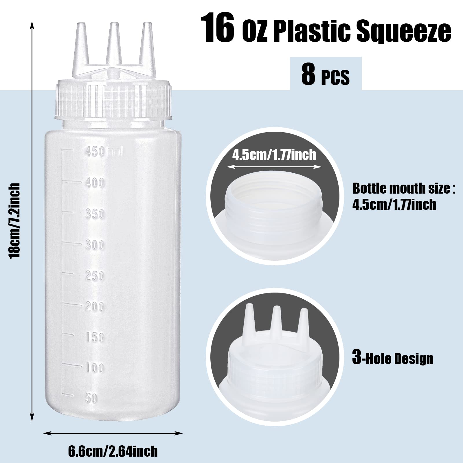 Dingion 8 Pcs 3 Hole Squeeze Bottles 16 Oz Plastic Condiment Squeeze Bottles Salad Dressing Container Sauces Squeeze Bottles For