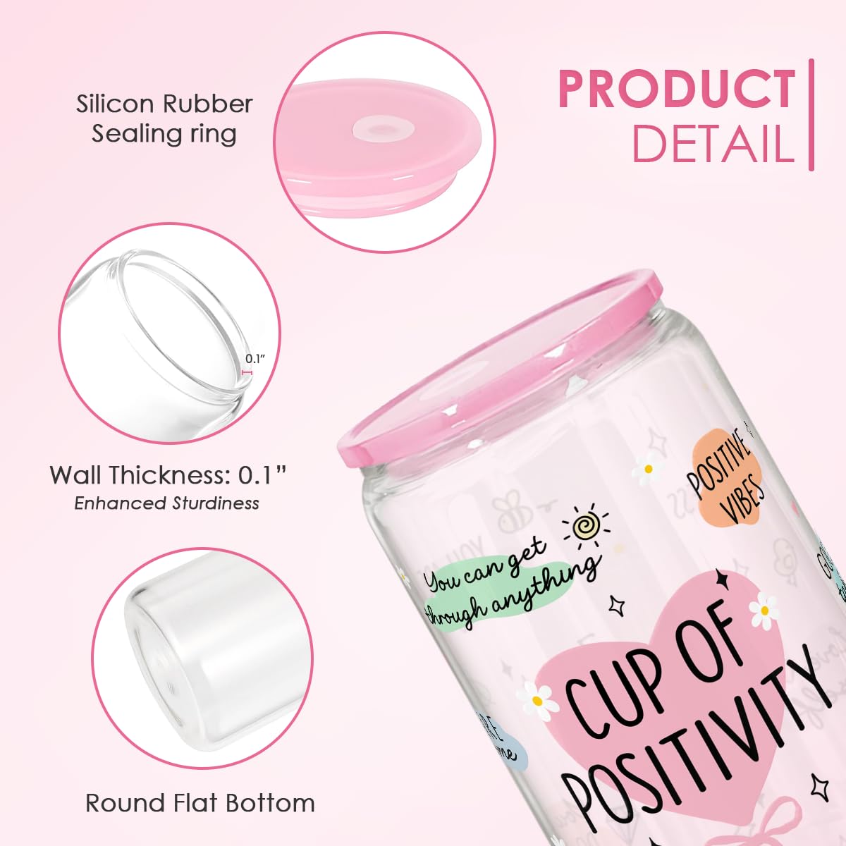 SANDJEST Inspiration Gifts - Glass Tumbler 16oz with Acrylic Lid and Straw - Iced Coffee Cups for Women, Aesthetic Glass Cup Gif
