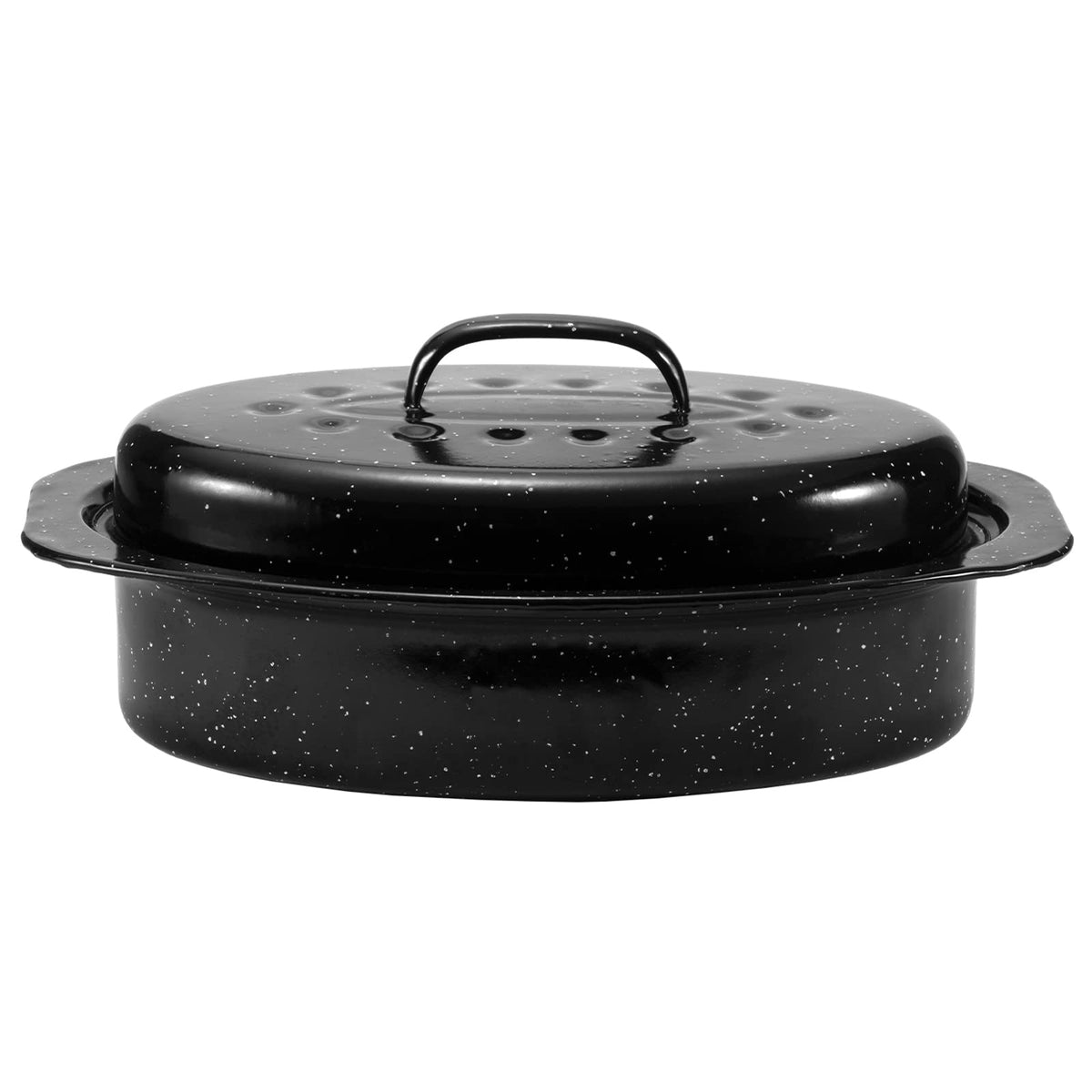 Jy Cookment Granite Roaster Pan, Small 13    Enameled Roasting Pan With Domed Lid. Oval Turkey Roaster Pot, Broiler Pan Great Fo