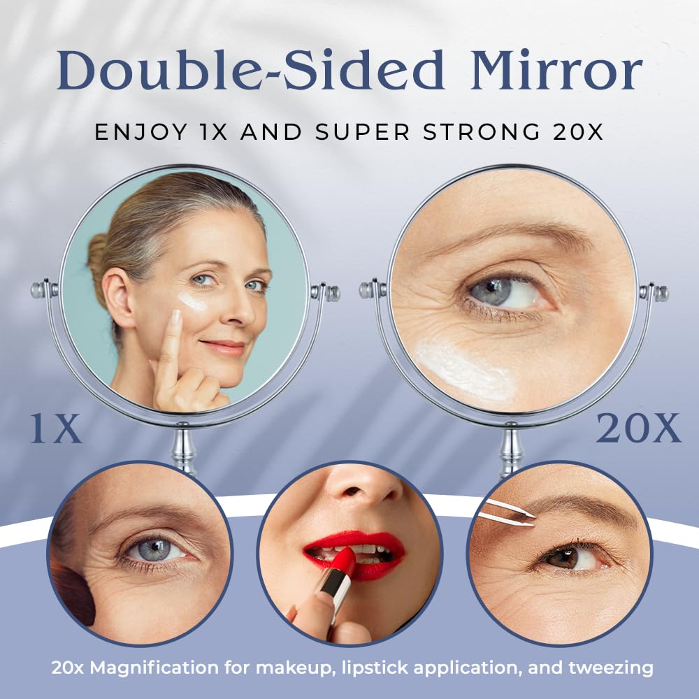 MIRRORVANA 20X Magnifying Makeup Mirror with Stand - Double-Sided 20X/1X Vanity Design for Desk, Countertop, or Bathroom Use - I