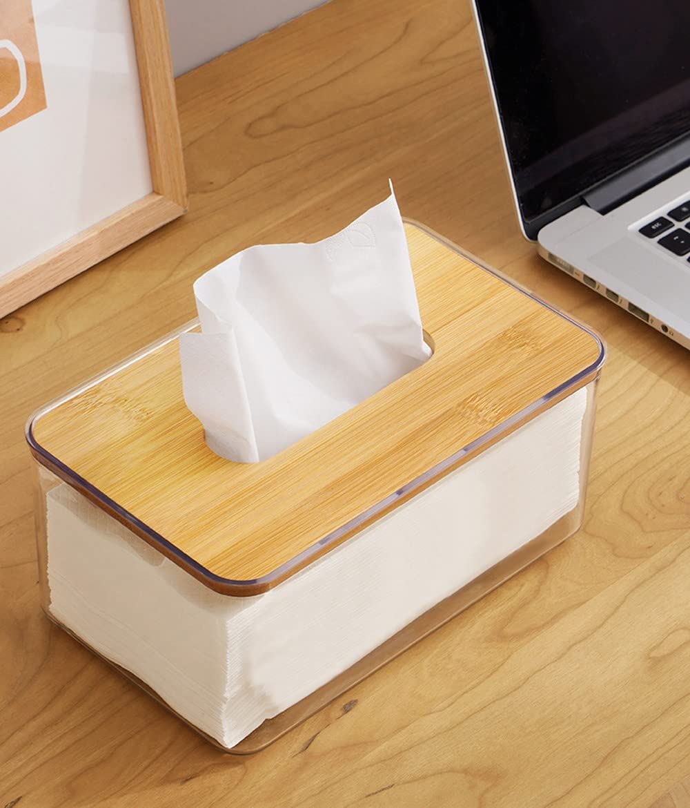 Tissue Holder, Dryer Sheet Dispenser Box With Bamboo Wood Lid, Transparent Container, Modern Minimalist Design. Tissue Organizer