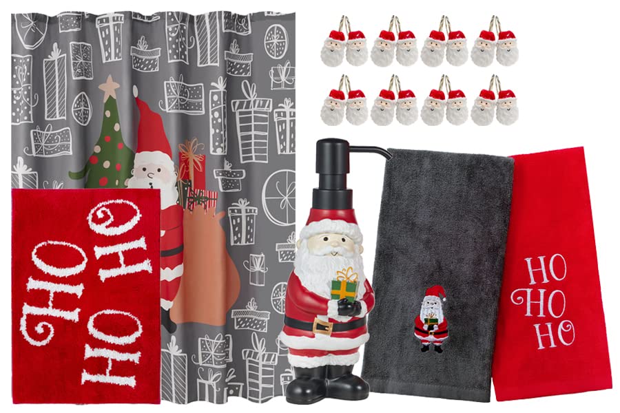 17-Piece Christmas Holiday Bathroom Accessory Set With | Resin Liquid Soap Pump| Bath Rug | Shower Curtain | 12 Curtain Hooks |