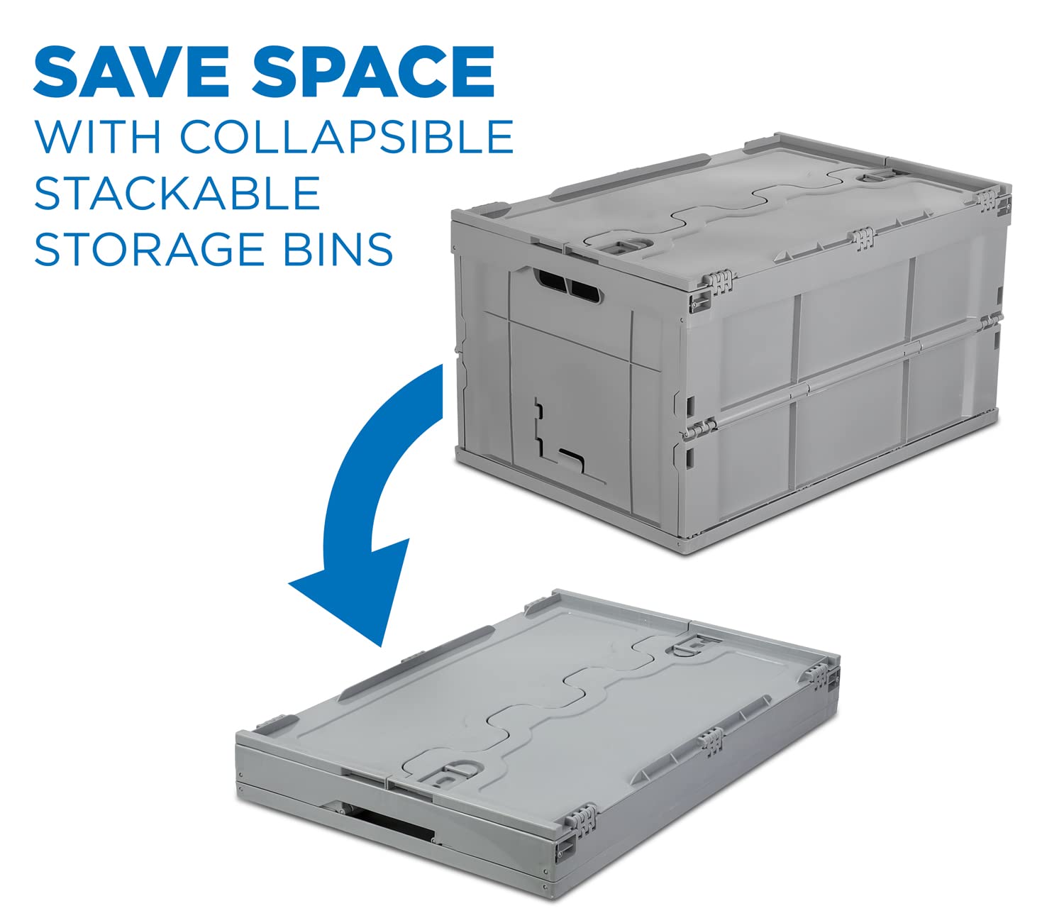 Mount-It! Folding Plastic Storage Crate  PACK OF 3  Collapsible Utility Distribution Container with Attached Lid  65L Liter Capacity  Gray