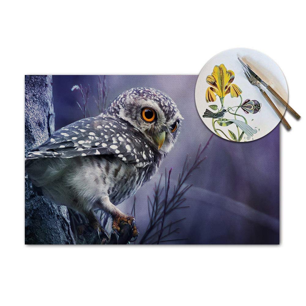 Owl Placemats Set Of 4, Cute Owl Winter Tree Blue Placemats Heat Resistant For Dining Table Non-Slip 18X12 Inches