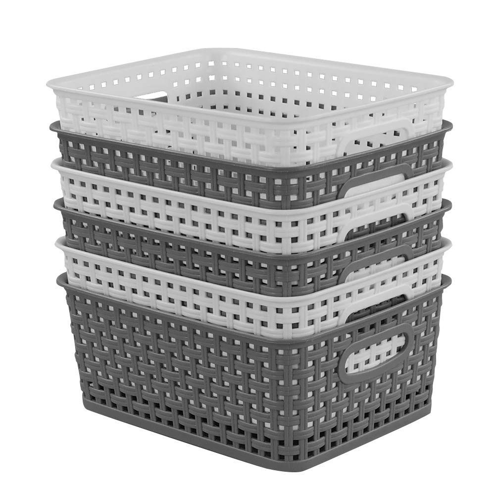 Idomy 6-Pack Plastic Storage Baskets/Bins  Rectangle White  Grey
