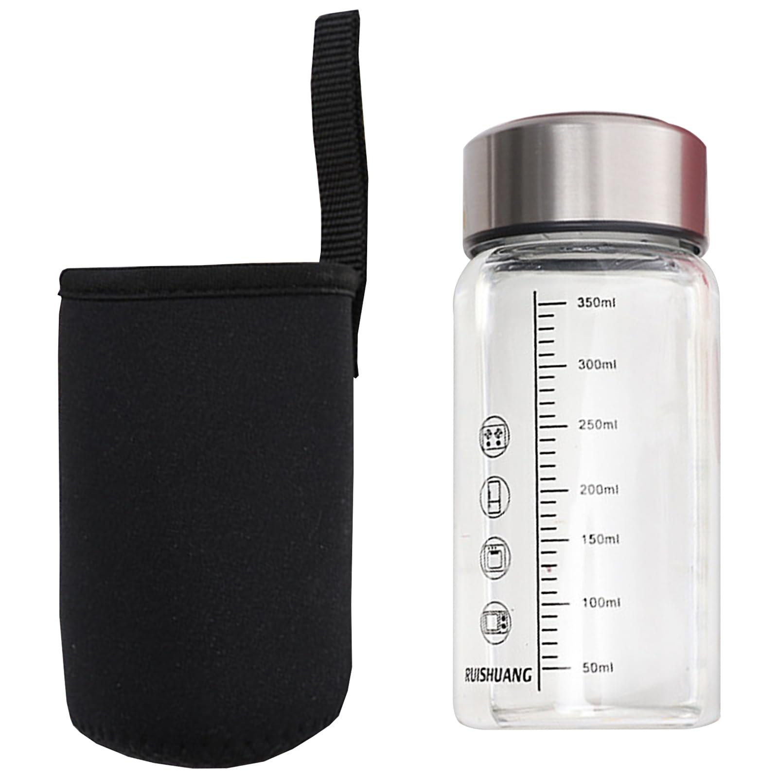 Veltros 350ml Glass Water Bottle with Measurement Scale, LeakResistant Lid, Reusable Drinking Bottle with Protective Sleeve for