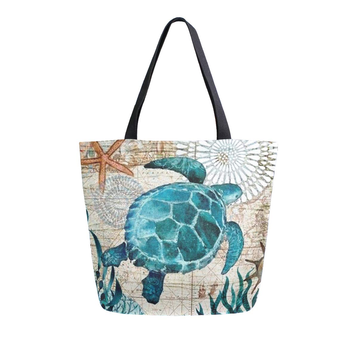 Naanle Ocean Turtle Canvas Tote Bag Large Women Casual Shoulder Bag Handbag, Sea Turtle Reusable Multipurpose Heavy Duty Shoppin