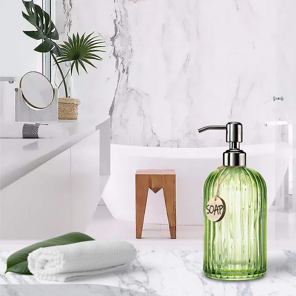 JASAI 18 Oz Vertical Striped Green Soap Dispenser with 304 Rust Proof Stainless Steel Pump  Refillable Lotion Soap Dispenser for Bathroom  Kitchen  Hand Soap  Dish Soap (Clear Green)