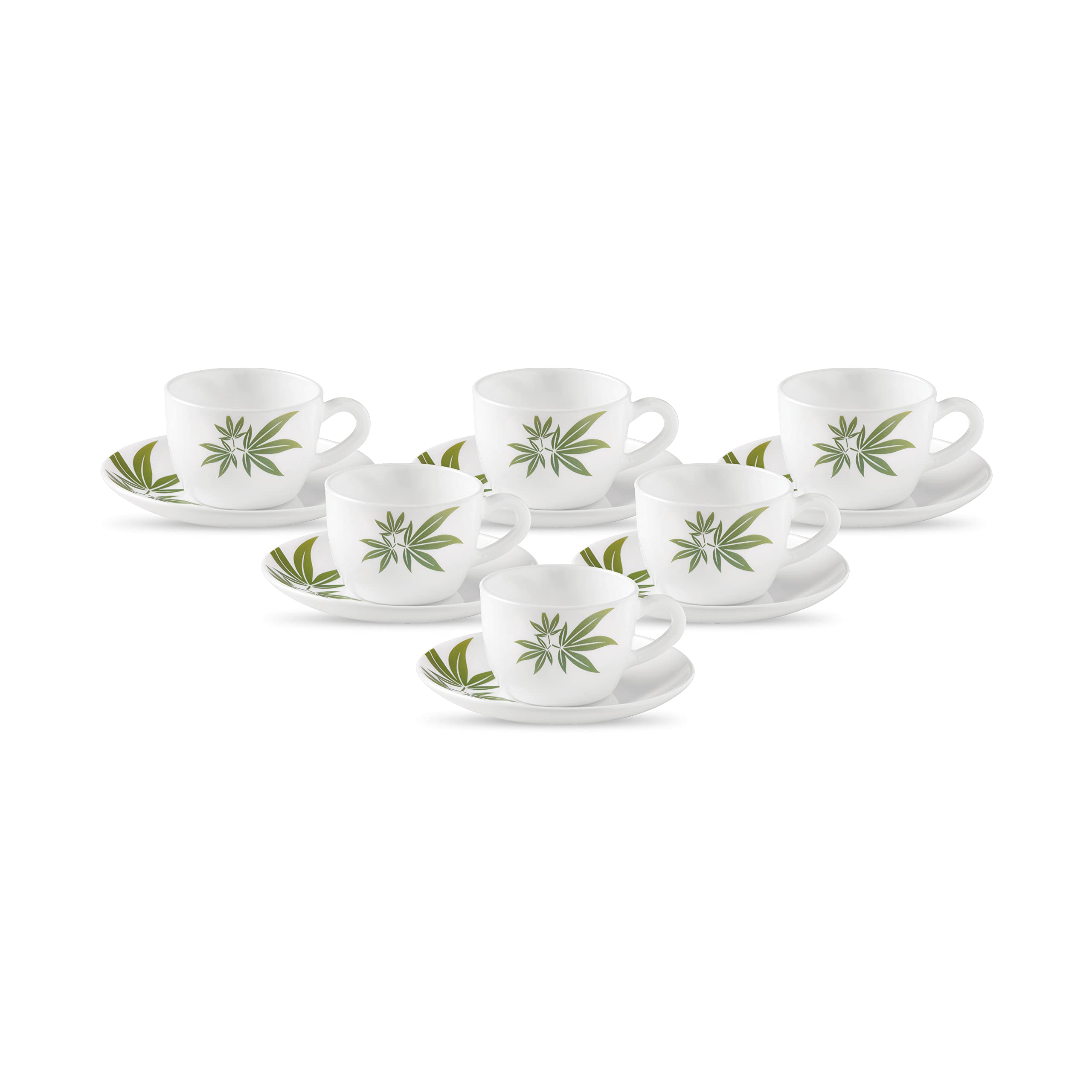 La Opala, Novo Collection Opal Glass Crockery | Cup & Saucer Lily, Set Of 12 | Trinty Green, 150 Ml | For Tea & Coffee | Microwa
