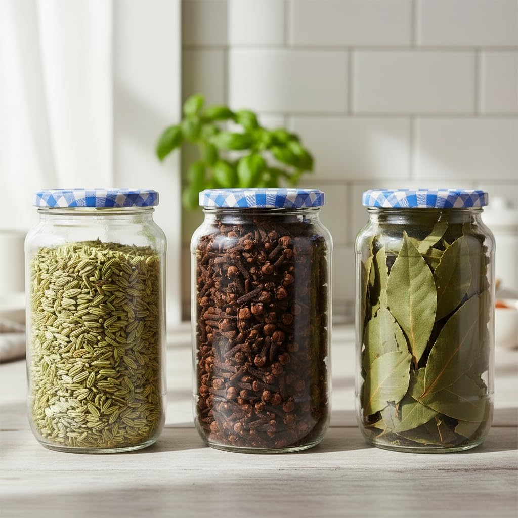 Ginoya Brothers  Kitchen Glass Jar (3, 1000 Ml Jar Blue Chex Lid)