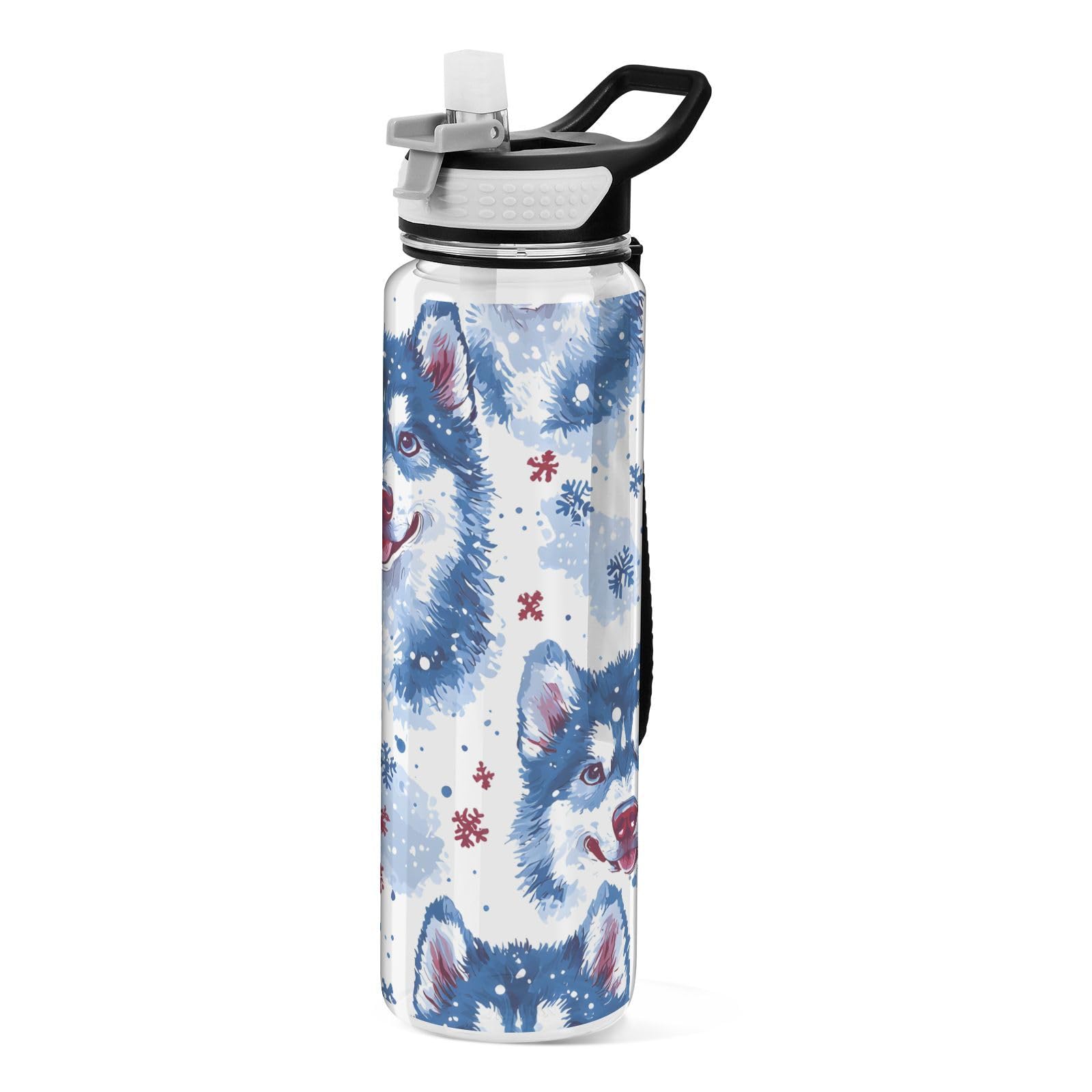 ALAZA Husky Snowflake Dog Sport Water Bottle with Straw Lid 32 oz Clear Bottle BPA Free Tritan Plastic Leakproof Jugs Large Flip