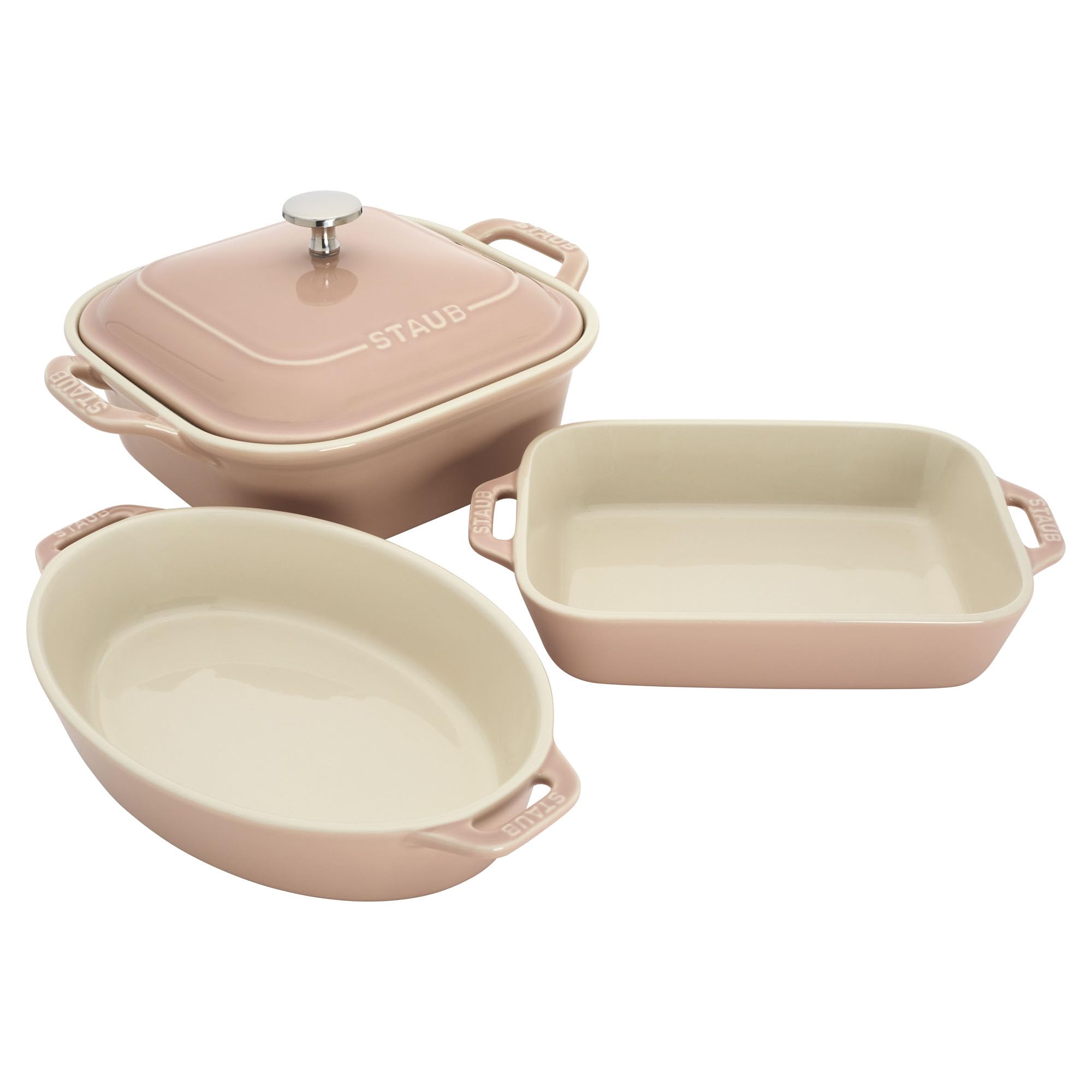 Staub Ceramic 4pc Baking Pans Set, Casserole Dish with Lid, Brownie Pan, Light Pink