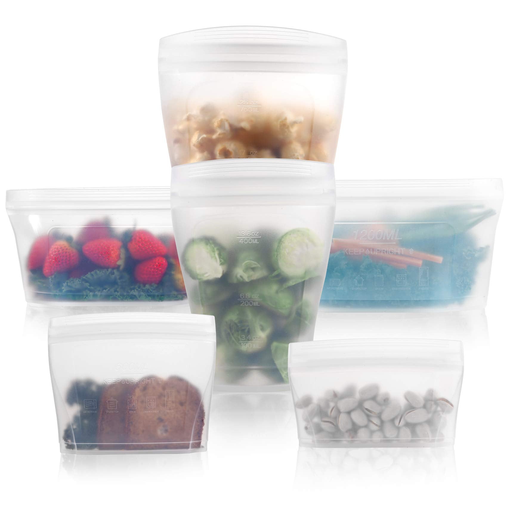 Reusable Silicone Food Bag, Xomoo Leakproof Ziplock Stand Up Storage Bags Container For Sandwich Fruit Snack Vegetables Washable