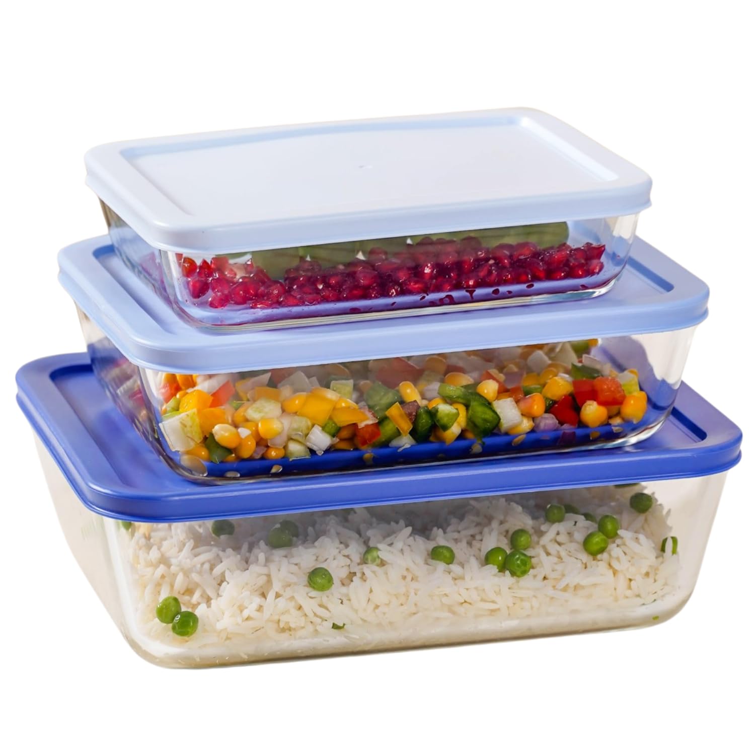 Nestasia Glass Containers For Kitchen, Set Of 3 Of Different Size (S700Ml, M1400Ml, L2600Ml, Blue)  Transparent Nested Desig