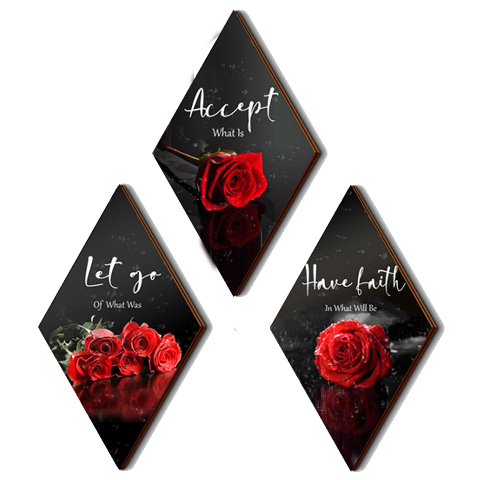 3 Pcs Red Rose Bathroom Wall Decor Flower Red Decor Inspirational Wooden Wall Art Office Wall Decor with Accept Let Go Have Fait