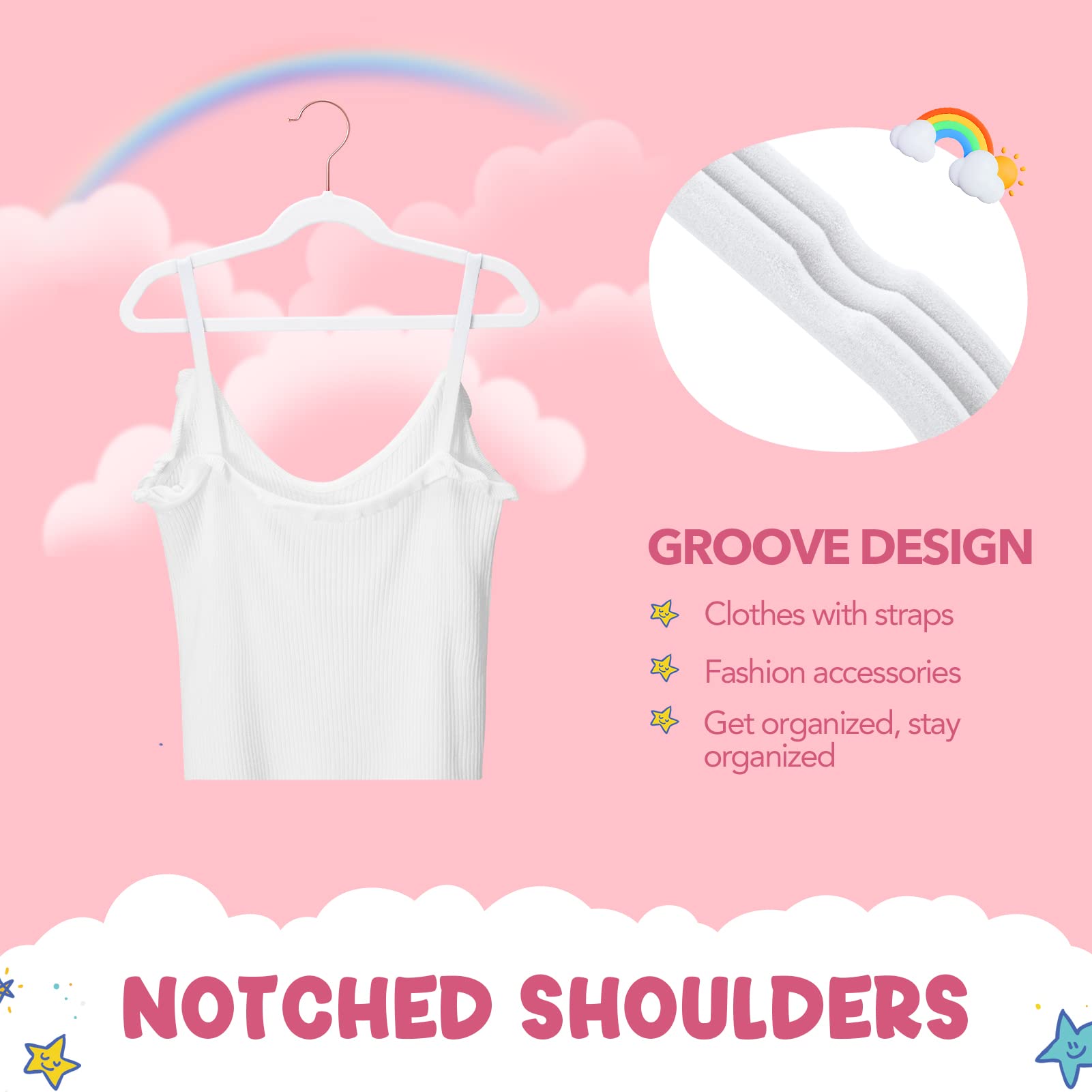 HOUSE DAY Velvet Kids Hangers 60 Pack  Premium Childrens Hangers for Closet  Ultra Thin Cute Hangers Kids Clothes Hanger  Non Slip Kids Felt Hangers 14 Inch  Small Hangers for Kids Clothes  White