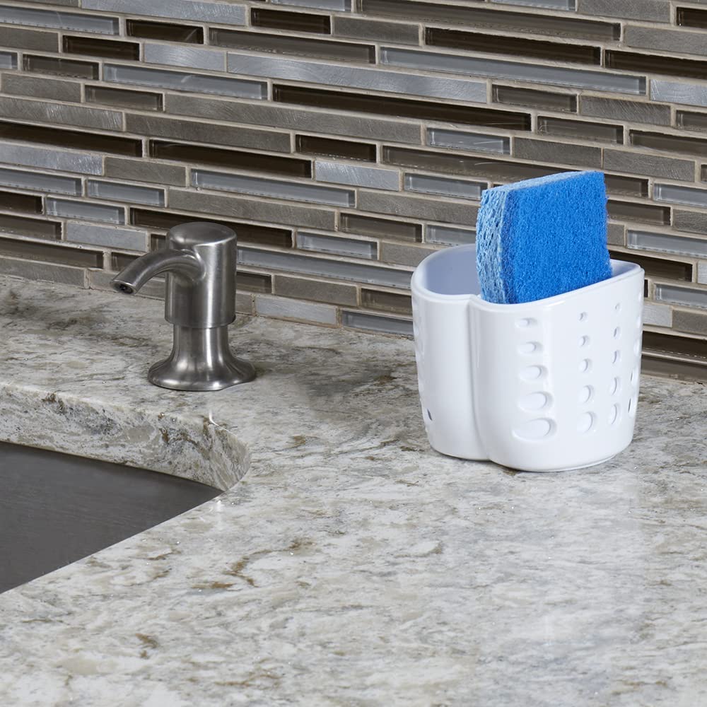Home Basics Double Sponge Holder Kitchen Sink Caddy, Saddle Faucet Sink Soap Sponge Organizer With Drain Hole, White