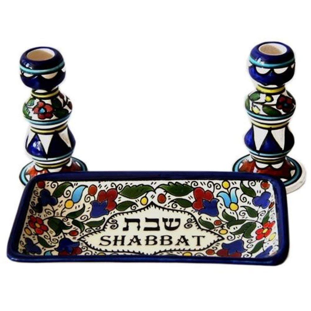 Holy Land Market Shabbat Candlestick Set - Colorful Ceramic Candlesticks with Matching Plate for Shabbat and Holidays (Multi Col