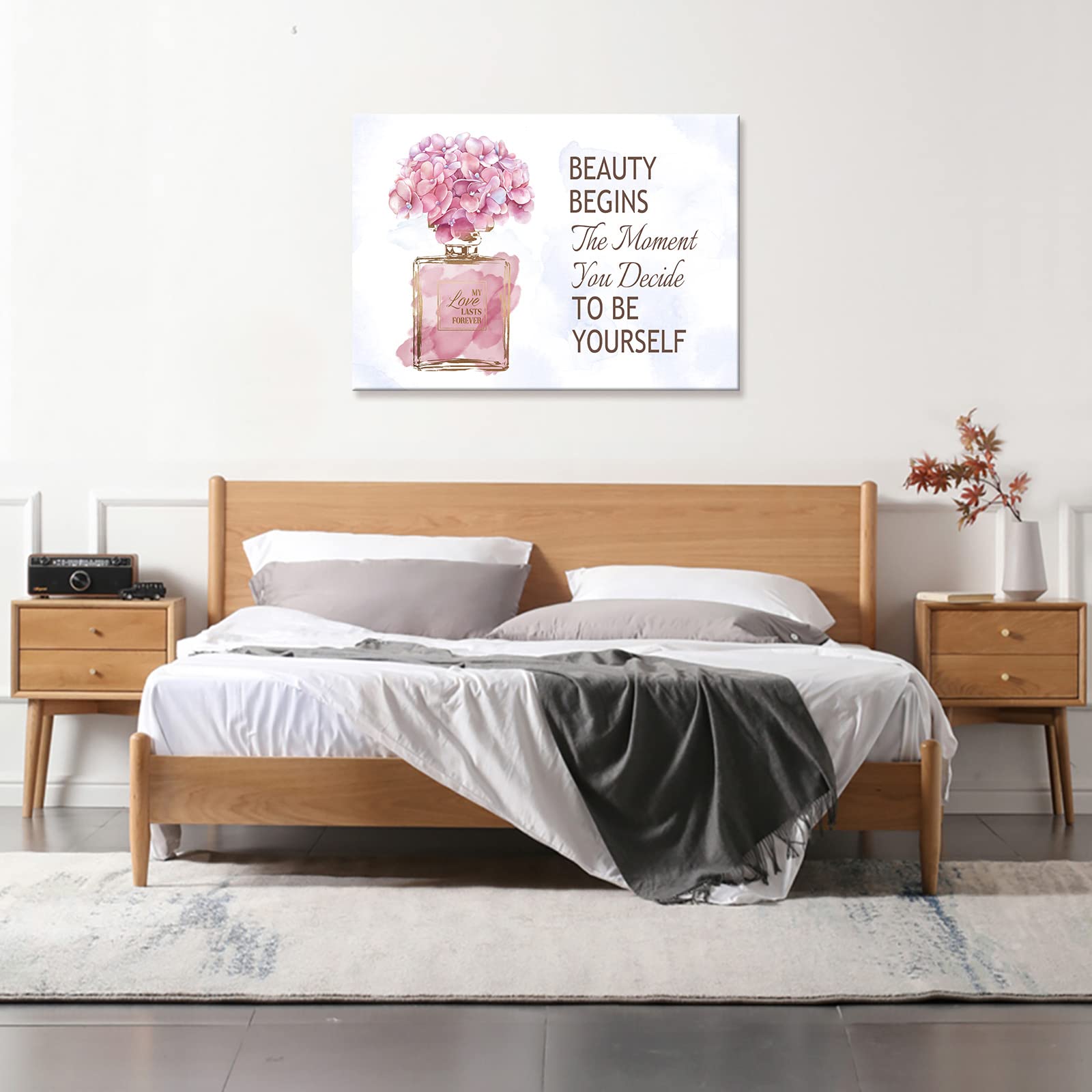 arteWOODS Fashioner Perfume Canvas Wall Art Gold Bottle Pink Flower Canvas Pictures Brown Inspirational Words Canvas Prints Motivational Quetos Wall Decor for Bathroom Bedroom Powder Room 28'' X 20''