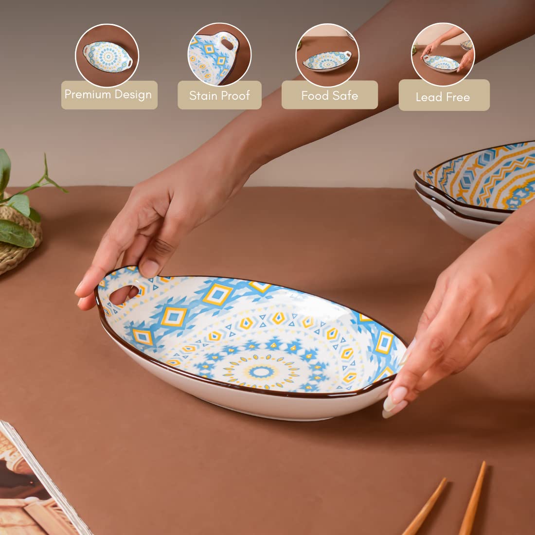 Nestasia Blue & Yellow Diamond Ceramic Long Dish with Handles for Serving Snacks, Appetizers, Salads, and Noodles| Microwave Saf