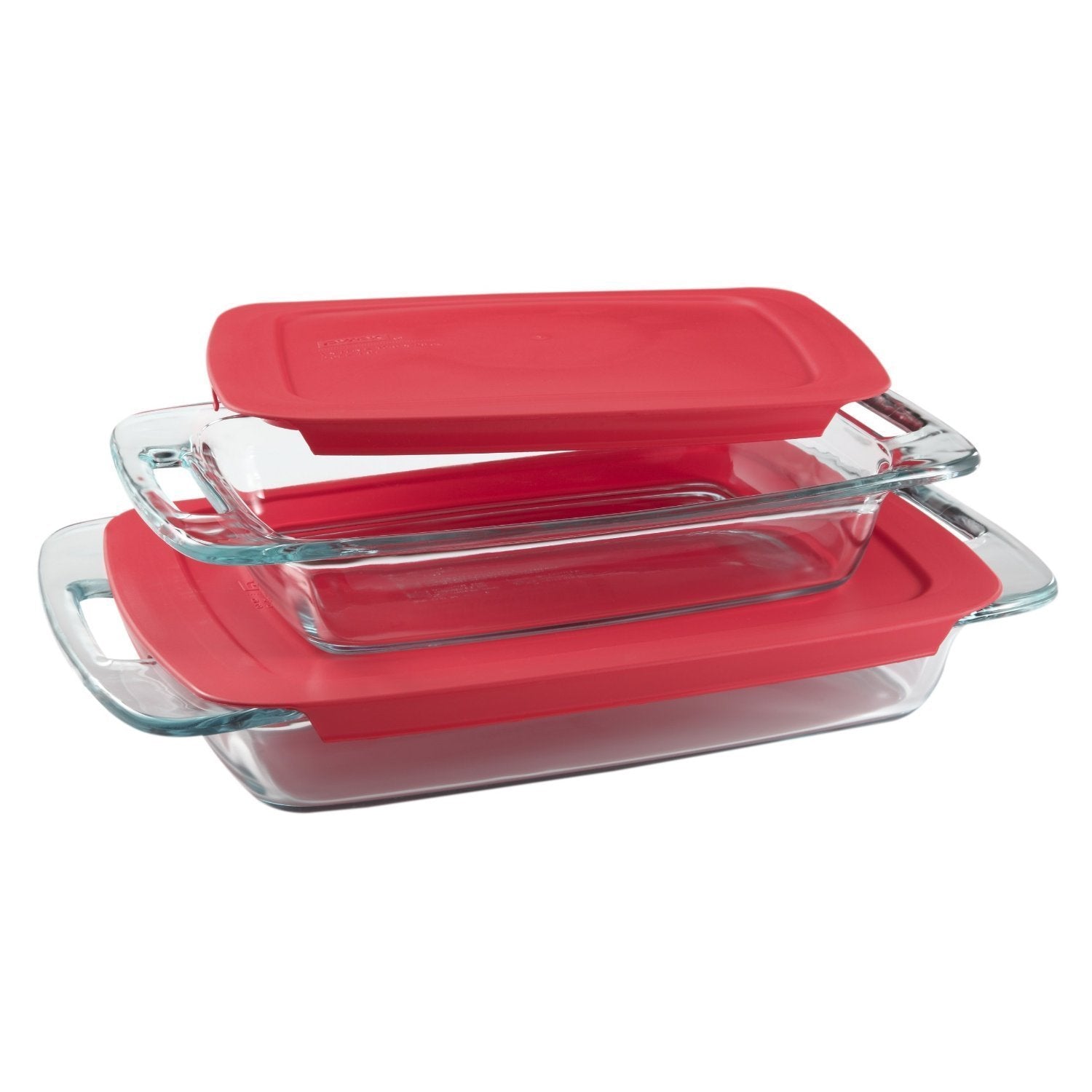Pyrex Easy Grab 4-Piece Value Pack - Glass Bakeware Set with Red Plastic Covers - Includes 1, 3-Qt and 1, 2-Qt Oblong Dishes