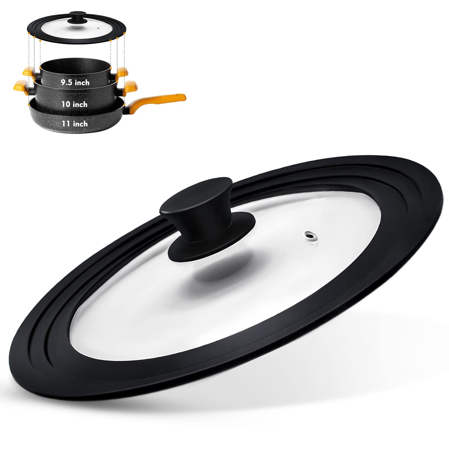 Ydeapi Universal Lid For Pots, Pans And Skillets, Pot Lid With Heat Resistant Silicone Rim And Tempered Glass,Fits 9.5'', 10'',