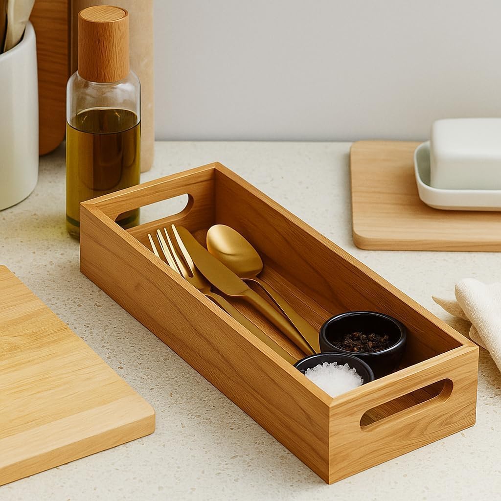 Wooden Organiser Tray With CutOut Handles For Kitchen