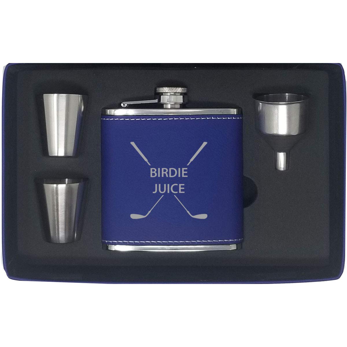 Birdie Juice Flask, Funnel, Shot Glasses, And Gift Box - Golfing Birdie Juice Hip Stainless Steel Leatherette Metal Matte 6-Ounc