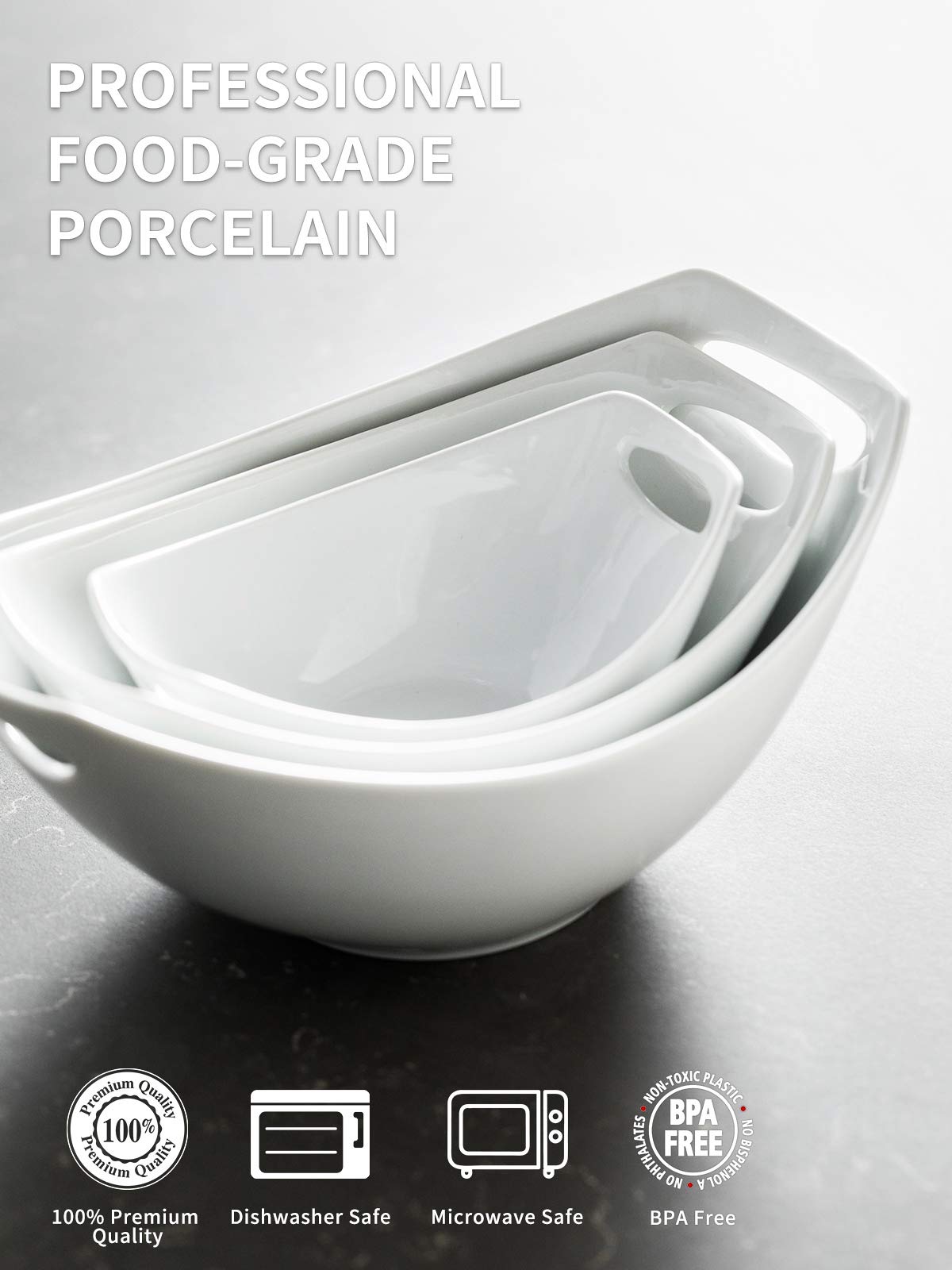 Lauchuh Serving Bowls With Handles, Porcelain Serving Dishes White Nesting Bowls Mixing Bowl Set Salad Bowls For Entertaining, P