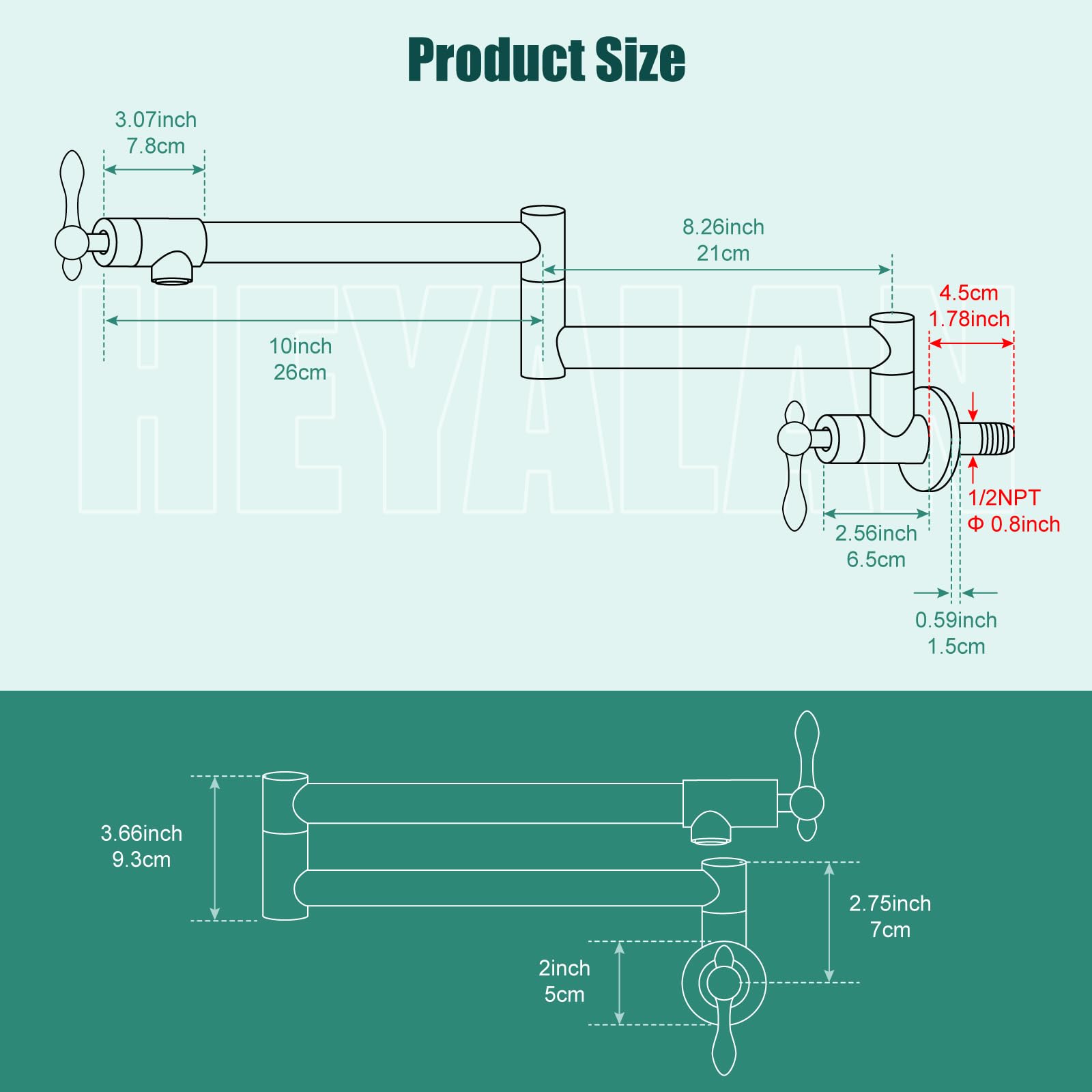 Heyalan Stainless Steel SUS304 Matte Black 19'' Pot Filler Faucet Double Joint Spout Stretchable Swing Arm with Single Hole Two Handles Wall Mounted Commercial Kitchen Faucet