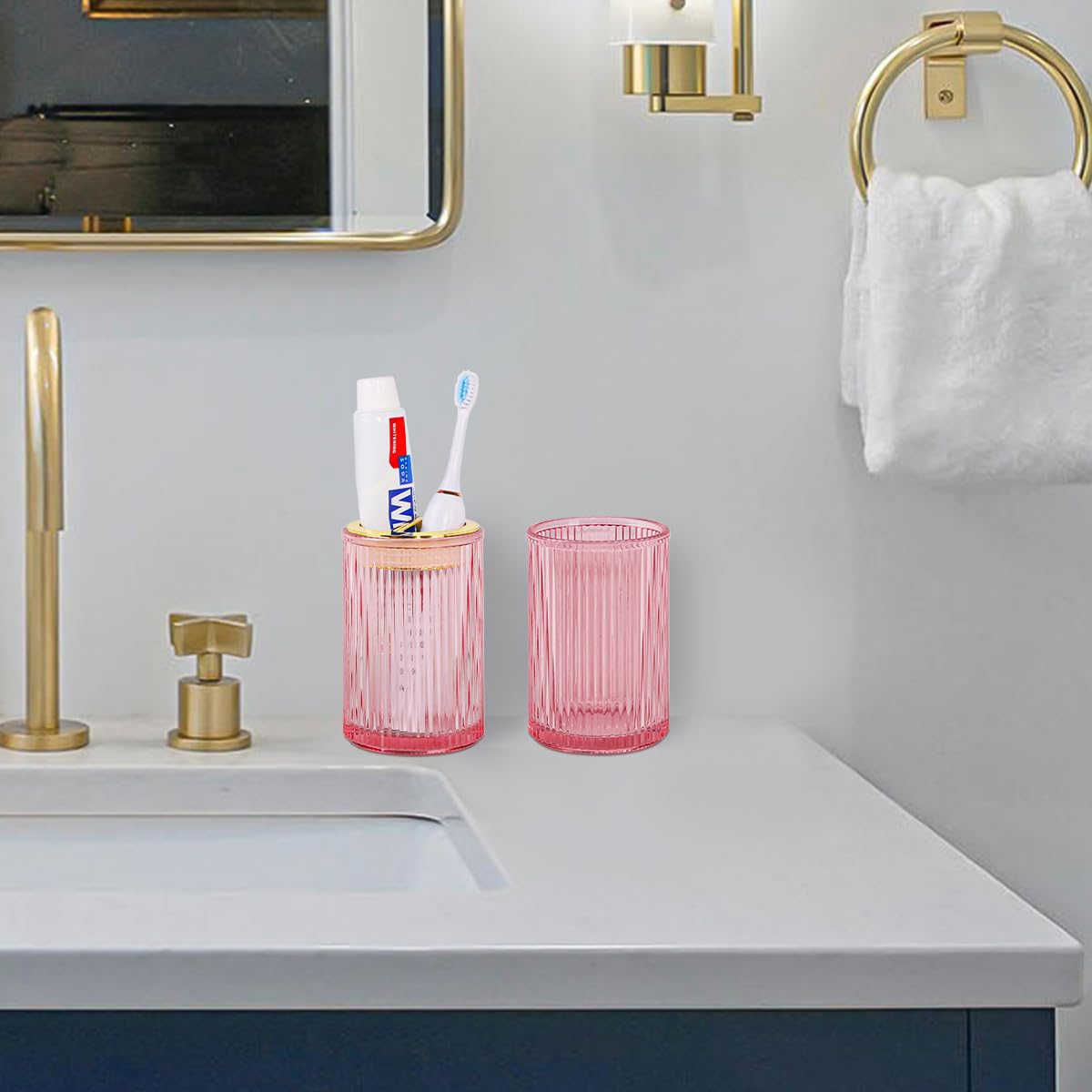 Tonxus Pink Toothbrush Holders for Bathrooms, 2pcs Glass Toothbrush Holder, 12oz Gold Bathroom Tumbler Cup and Mouthwash Cup, To