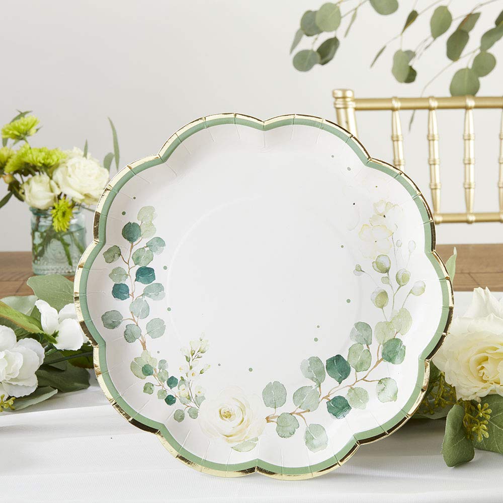 Kate Aspen Sage Green Party Decorations  Eucalyptus Floral 9 in. Decorative Premium Paper Plates (350 GSM weight -Set of 16) - Perfect for Greenery Baby Shower & Bridal Showers