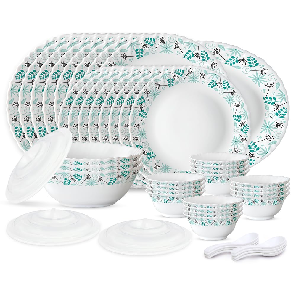Larah By Borosil Silk Series Stardust Opalware Dinner Set | 47 Pieces For Family Of 8 | Microwave & Dishwasher Safe | BoneAsh F