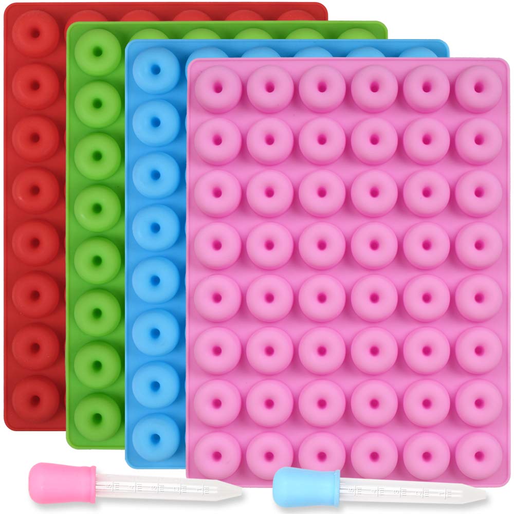 Newk Mini Donut Silicone Candy Mold, 4 Packs 48-Cavities Gummy Ring Molds With 2 Droppers, Nonstick Food Grade Mold For Candies,