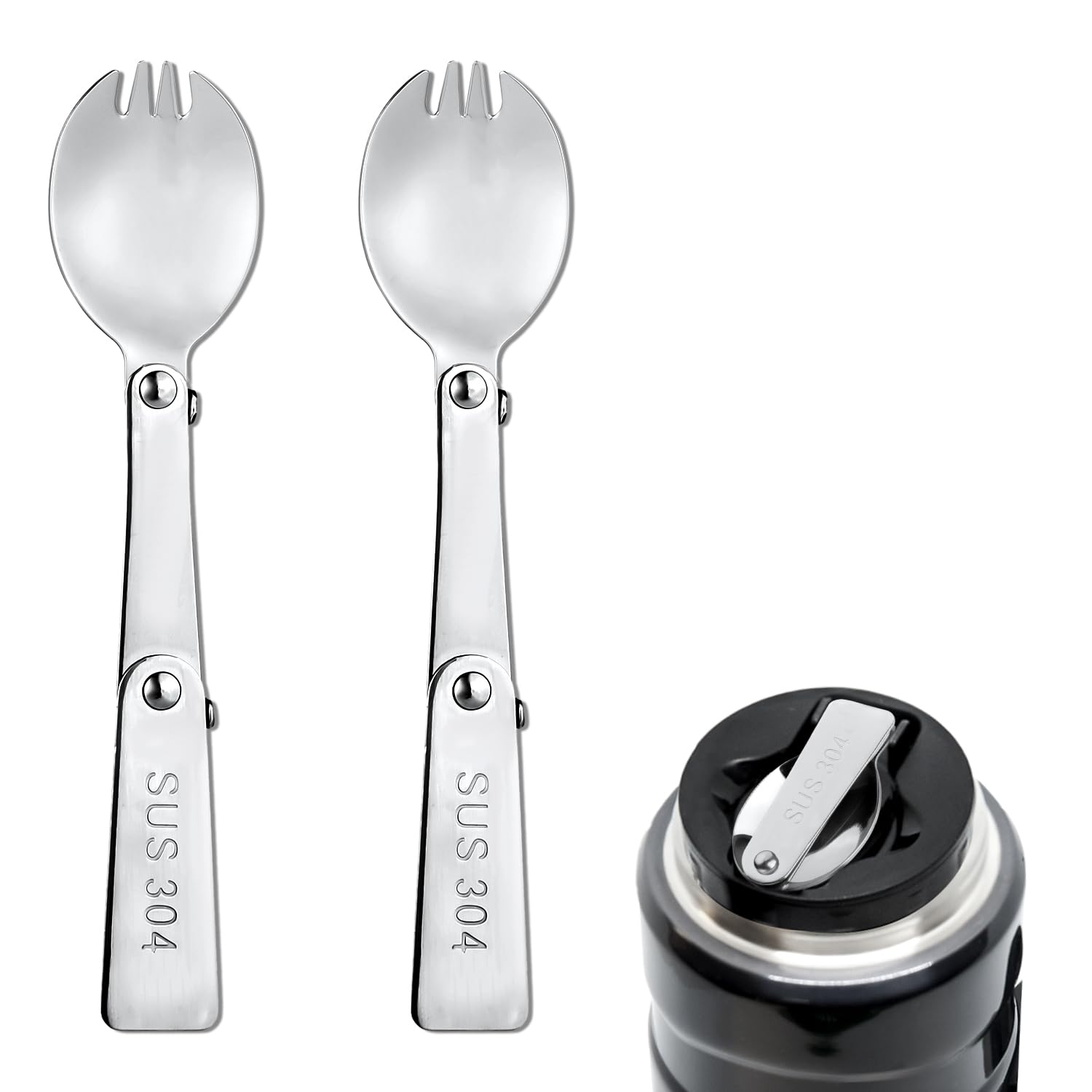 2Pcs Spork For Thermos Stainless Steel King Vacuum Insulated Food Jar 16Oz, Foldable Spoon Fork Replacement Parts Compatible Wit