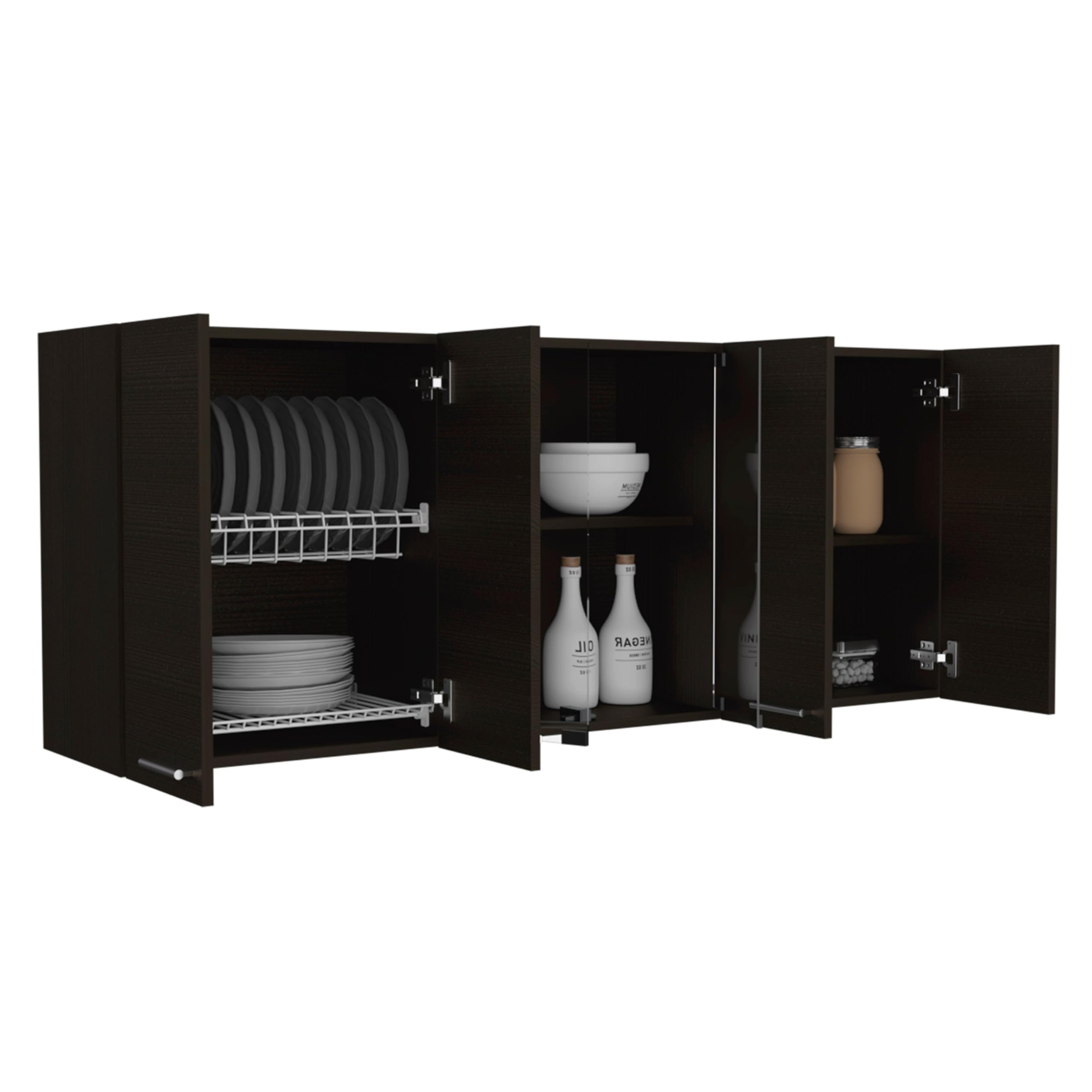 TUHOME Superior 150 Wall Cabinet With Glass  Four Internal Shelves  Glass Cabinet  Two Double Door Cabinet  Racks  Black  For Kitchen Room