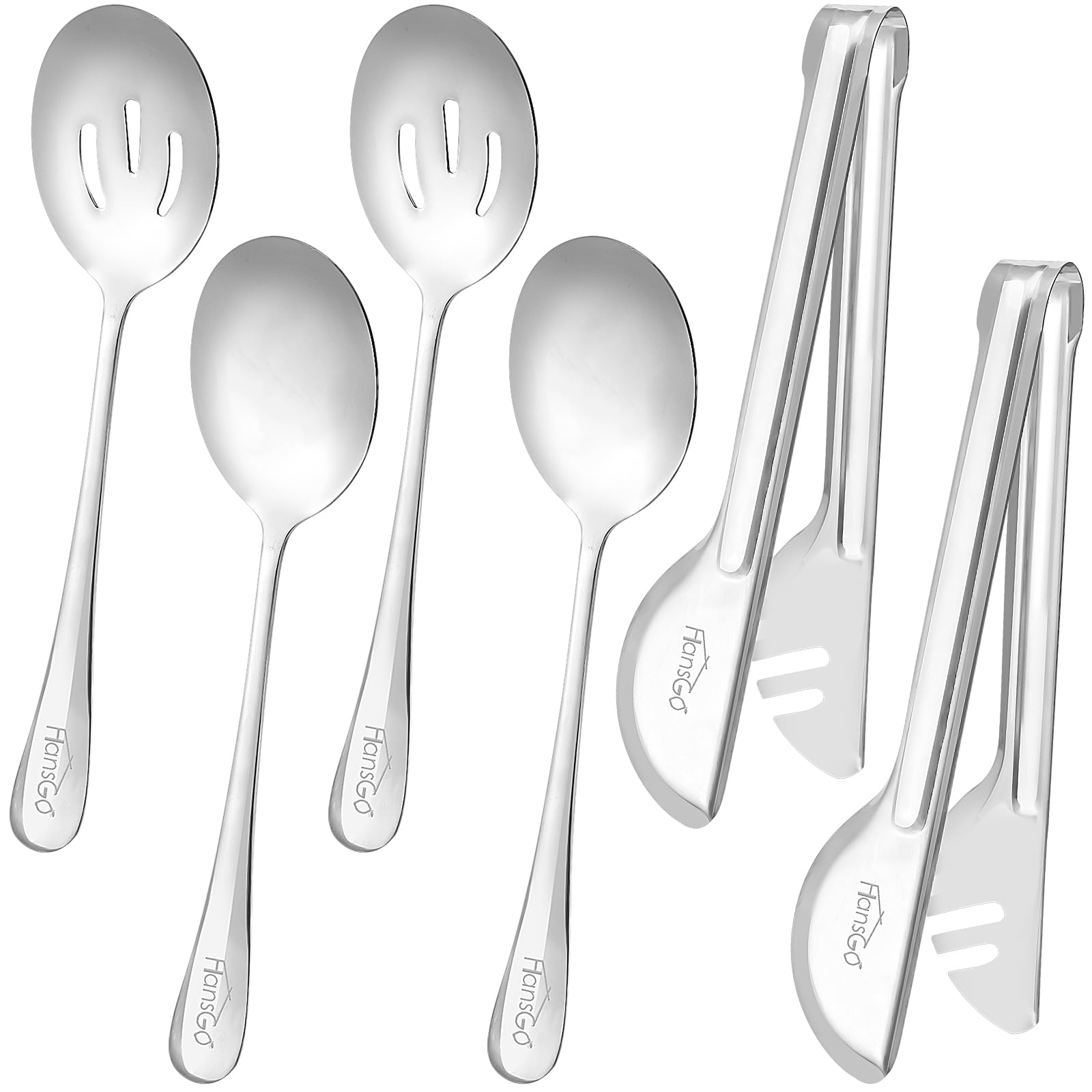 Hansgo Serving Utensils Stainless Steel, 6Pcs Large Serving Utensils Including 2 Serving Spoons, 2 Slotted Spoons, 2 Serving Ton