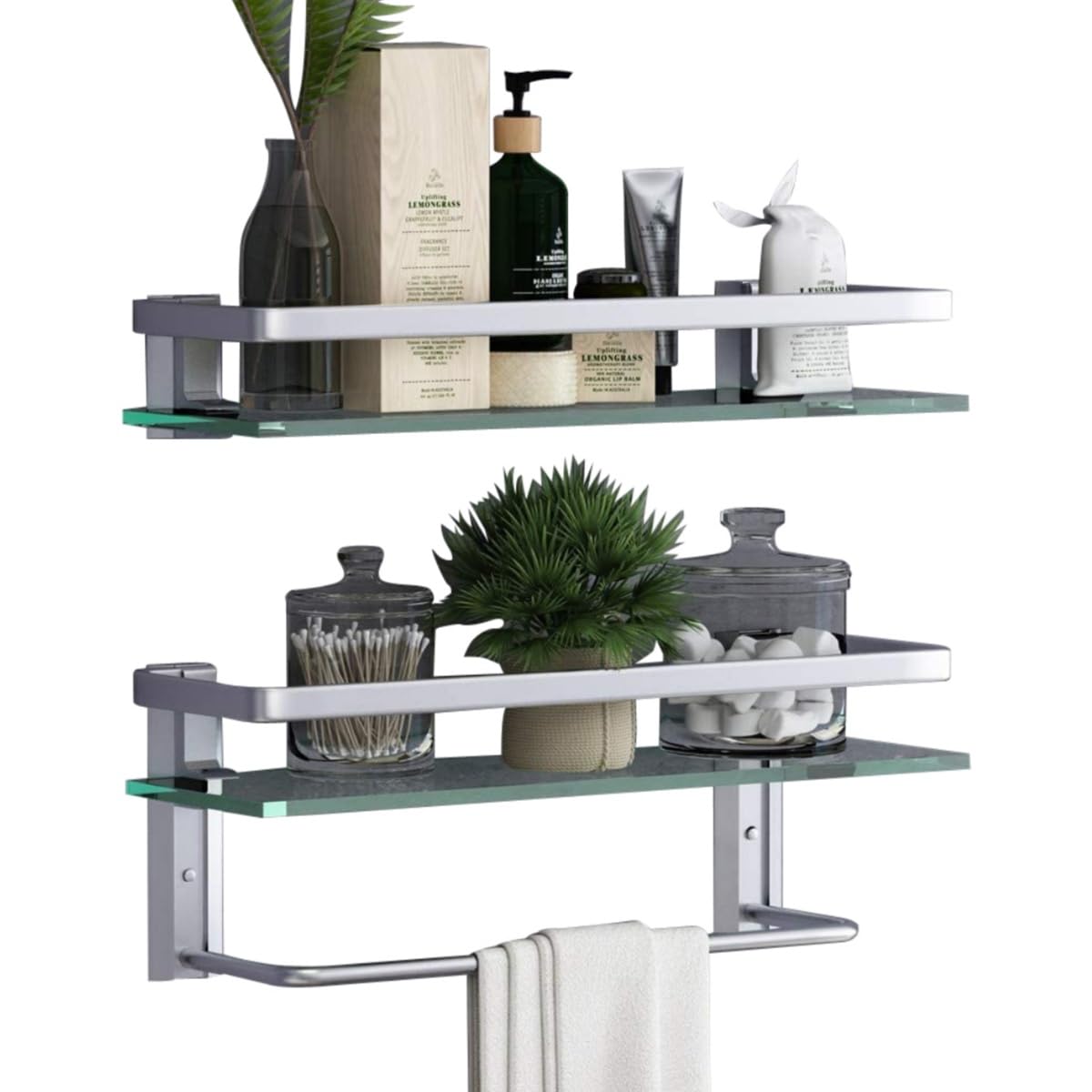 VOLPONE Glass Bathroom Shelf 15.7in Bathroom Shelf Wall Mounted Floating Glass Shelves with Towel Holder Glass Shower Shelf 2 Tier (Sliver)