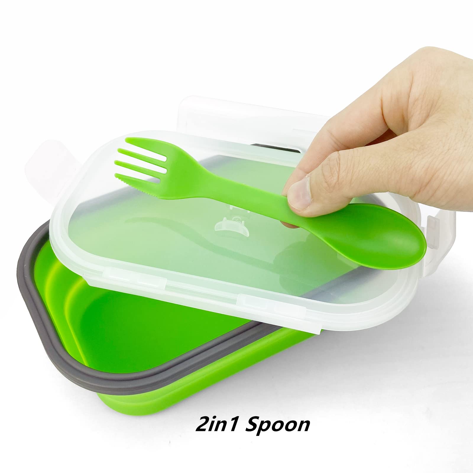 Green Food Grade Silicone Lunch Container Bento Box, Collapsible Food Storage Containers With Airtight Lids And 2In1 Fork, Reusa