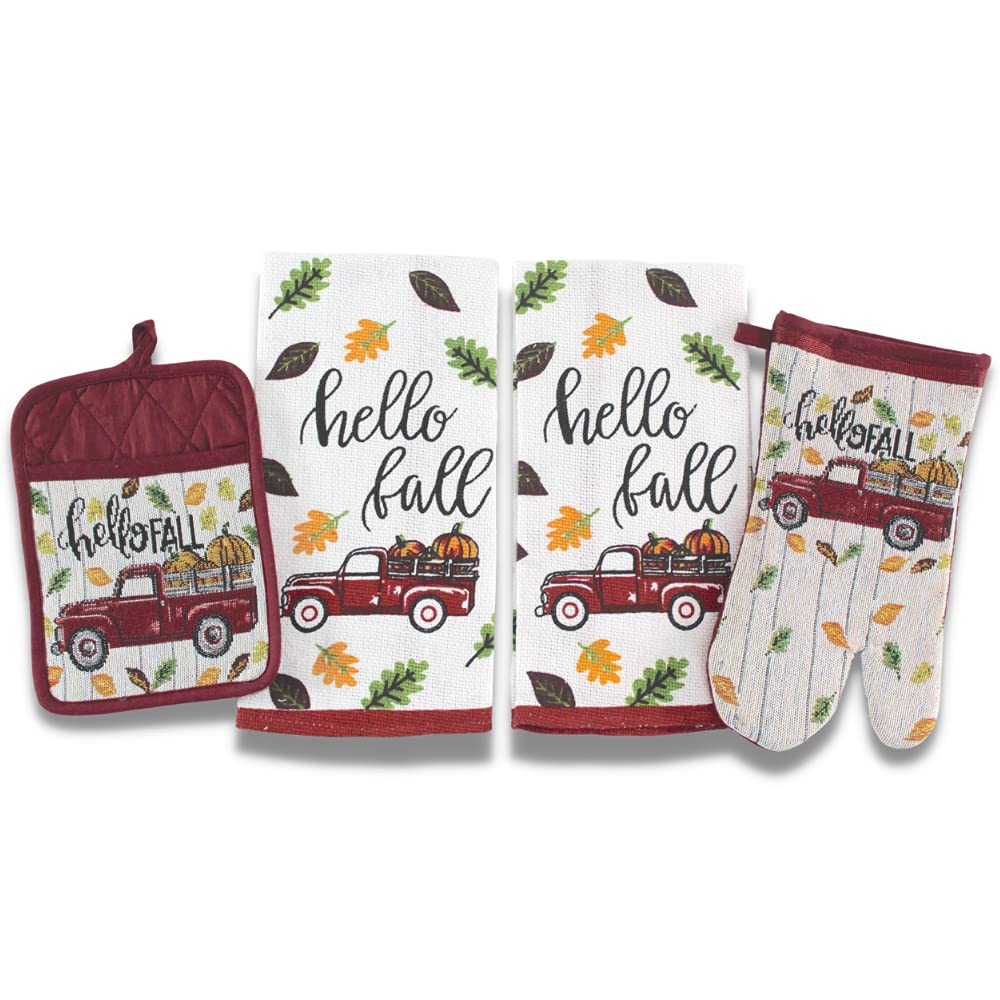 Serafina Home Hello Fall Farm Truck Kitchen Towels And Pot Holder Set: Autumn Harvest Pumpkins And Colorful Leaves, Pot Holder O