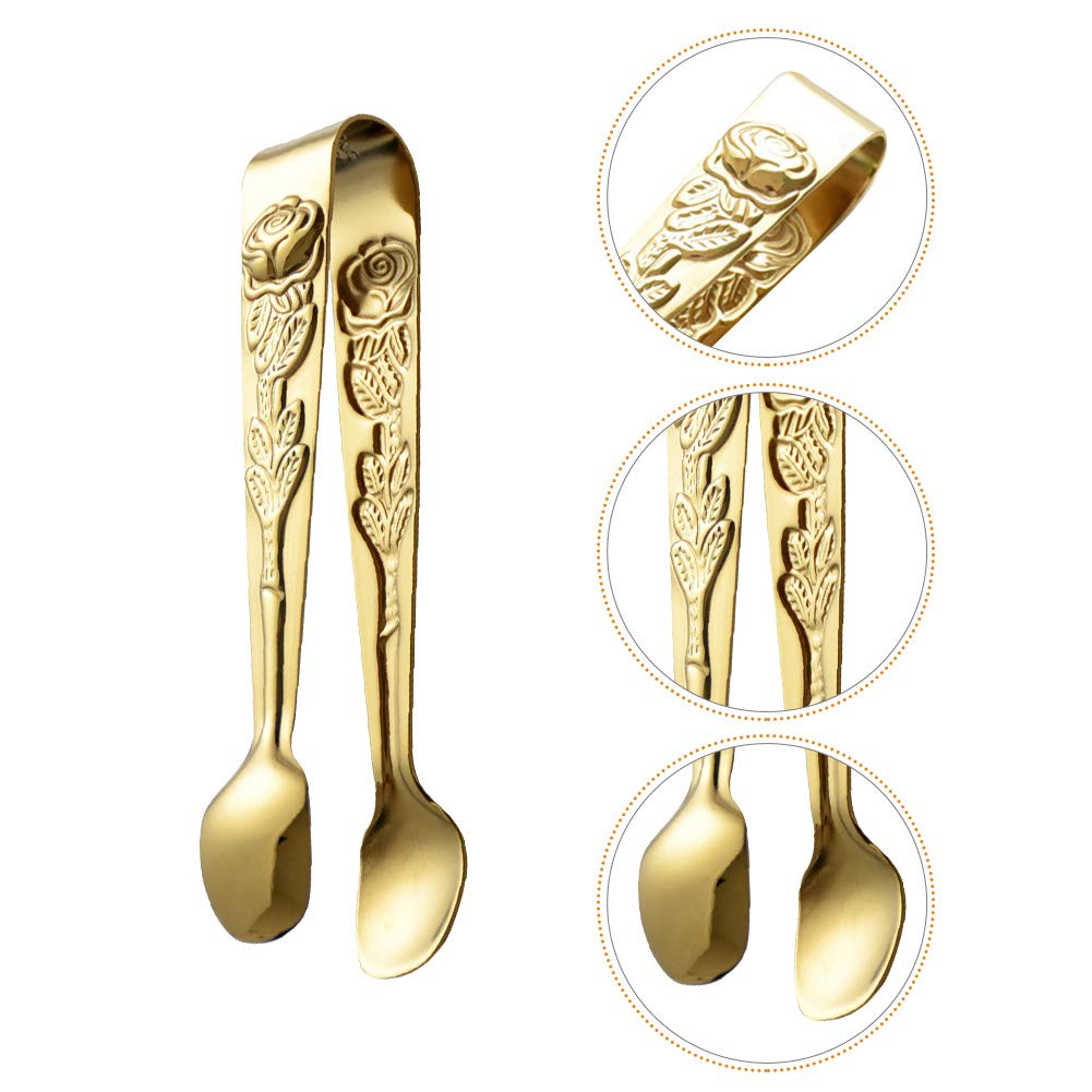 Mini Serving Tongs, 4Inch Rose Pattern Stainless Steel Sugar Cube Tongs, Sliver Small Ice Tongs For Tea And Coffee Party (Gold)