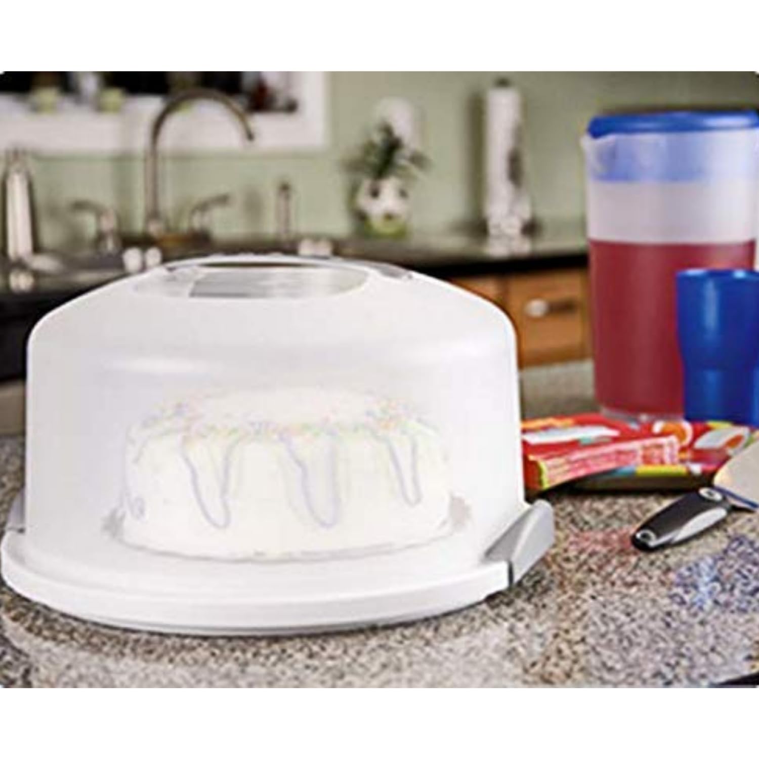 Joey'Z Extra Large Cake Carrier/Storage Container With Server Holds Up To 12 Inch 3-Layer Cake, White Gray Translucent Dome - Tr