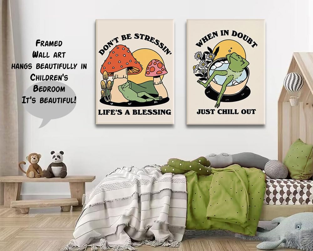 Framed Retro Meditating Frog Wall Art Carefree Frog Prints Vintage Frog Mushroom Picture Trendy 70S Aesthetic Poster Quote Wall