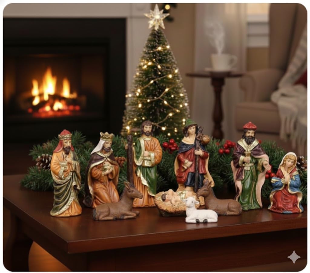 Ecraftindia Christmas Nativity Crib Set Statues (Resin, Set Of 10) | Nativity Set Baby Jesus Joseph Mary, 3 Kings & Others| Chri