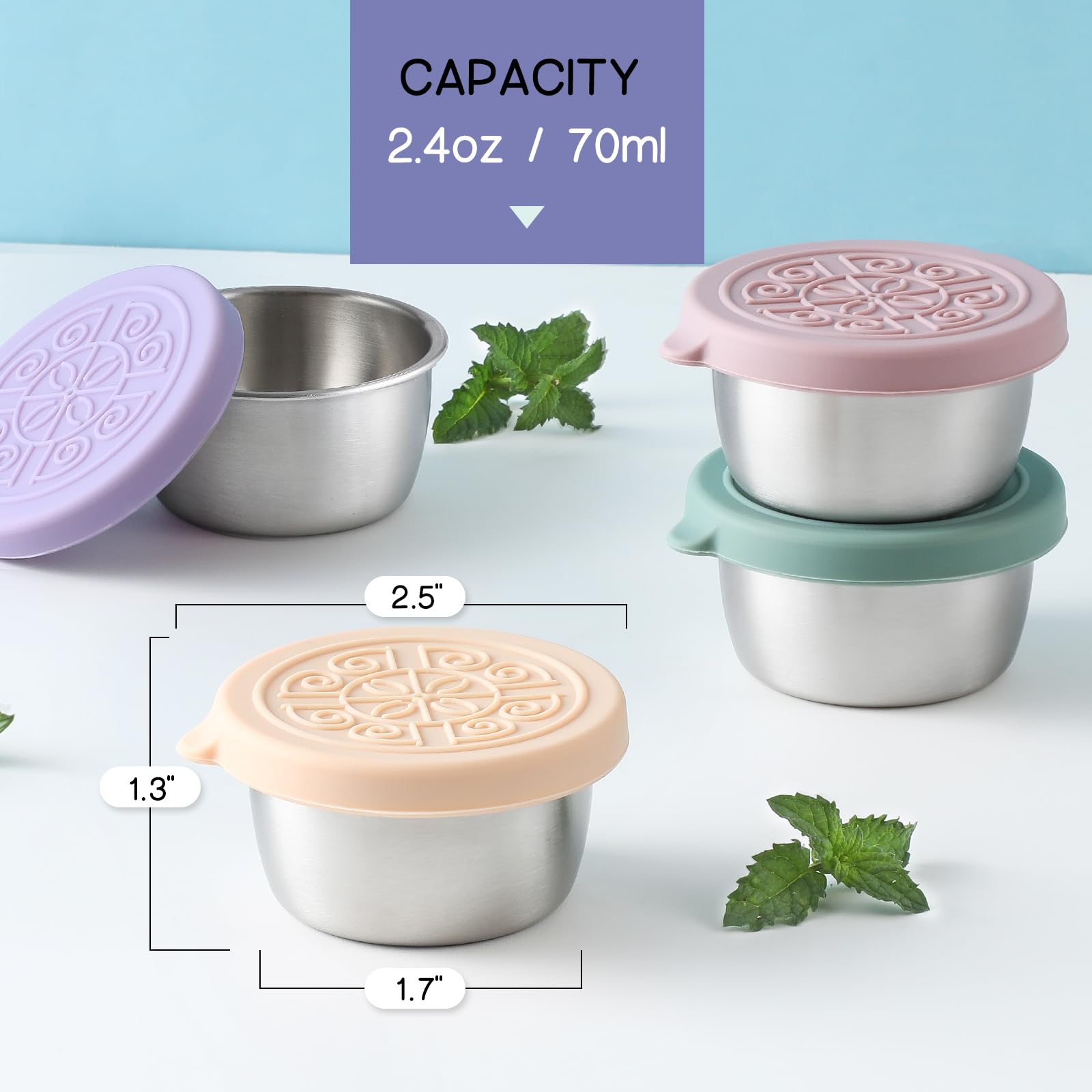 [6 Pack] Salad Dressing To Go Containers, 1.6 Oz Small Stainless Steel Sauce Cups With Leakproof Silicone Lids, For Lunch Boxes,