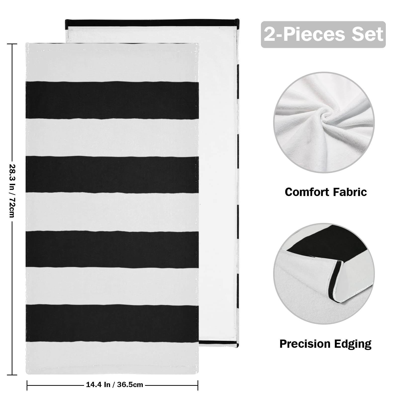 Black White Stripe Face Towel Set Of 2, Hand Towel Dish Towels Beach Towels Bath Kitchen Decor Set, 30X15